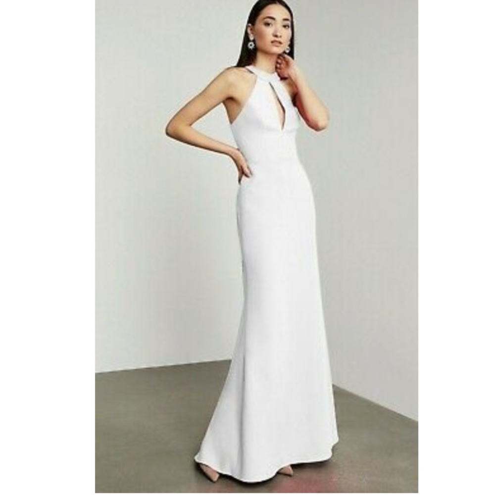 BCBG MaxAzria White Racerback Halter Gown